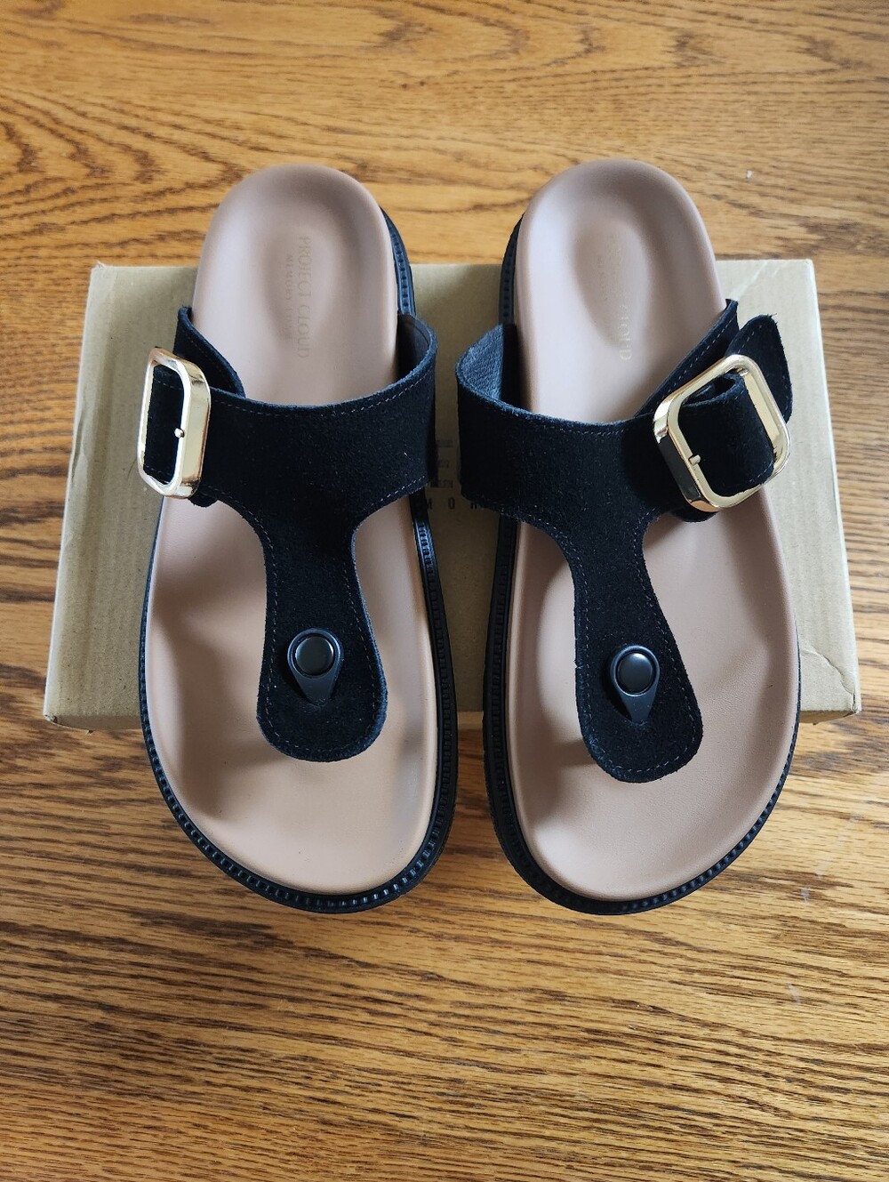 Black Suede Toe-Post Sandals with Gold Buckles